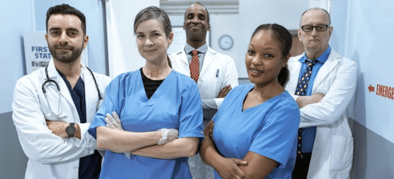 A group photo of medical staff in a hospital.
